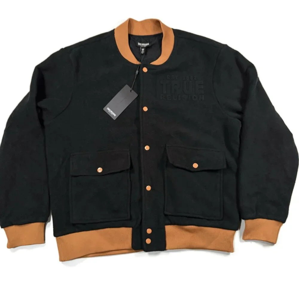 True Religion Black Fleece Bomber Jacket Mens Medium Embossed Logo Snap NWT